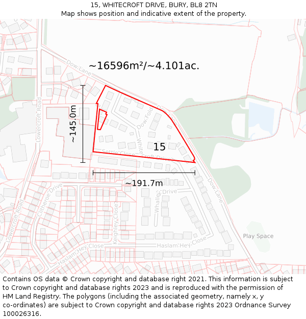 15, WHITECROFT DRIVE, BURY, BL8 2TN: Plot and title map