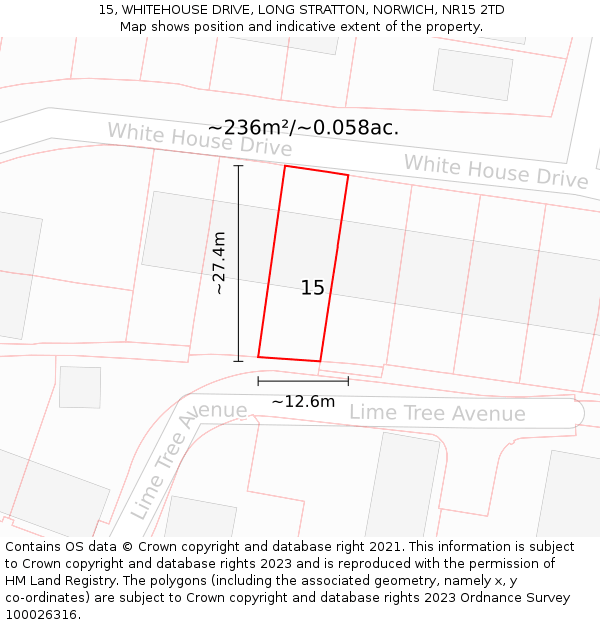 15, WHITEHOUSE DRIVE, LONG STRATTON, NORWICH, NR15 2TD: Plot and title map