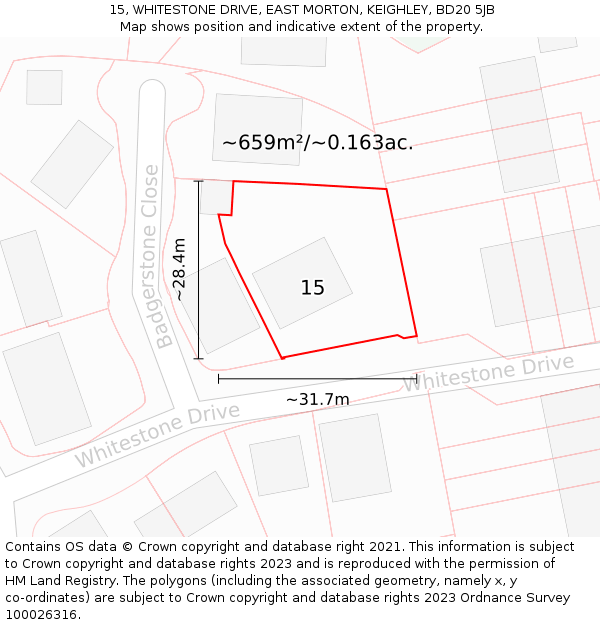 15, WHITESTONE DRIVE, EAST MORTON, KEIGHLEY, BD20 5JB: Plot and title map