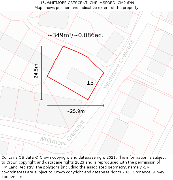 15, WHITMORE CRESCENT, CHELMSFORD, CM2 6YN: Plot and title map