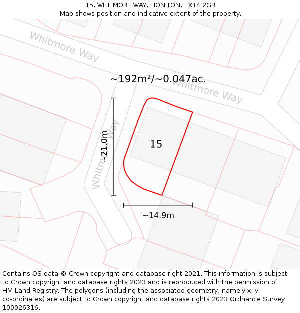 15, WHITMORE WAY, HONITON, EX14 2GR: Plot and title map