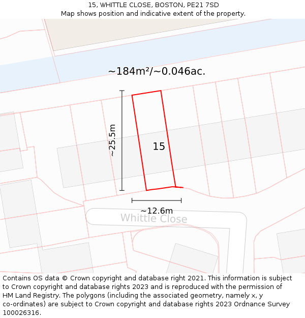 15, WHITTLE CLOSE, BOSTON, PE21 7SD: Plot and title map