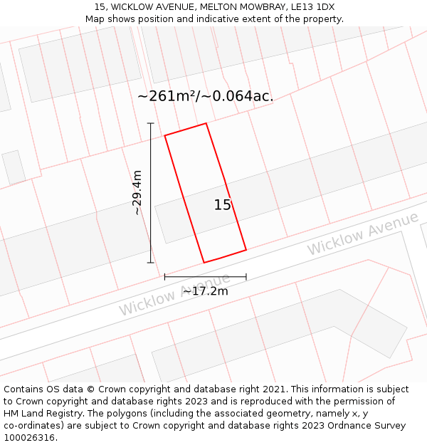 15, WICKLOW AVENUE, MELTON MOWBRAY, LE13 1DX: Plot and title map