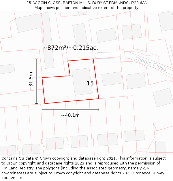 15, WIGGIN CLOSE, BARTON MILLS, BURY ST EDMUNDS, IP28 6AN: Plot and title map