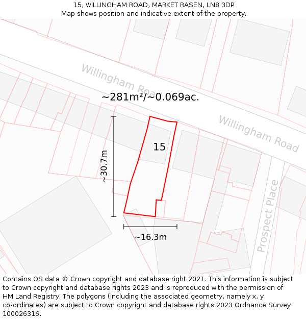 15, WILLINGHAM ROAD, MARKET RASEN, LN8 3DP: Plot and title map