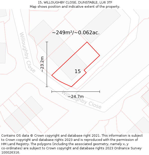 15, WILLOUGHBY CLOSE, DUNSTABLE, LU6 3TF: Plot and title map