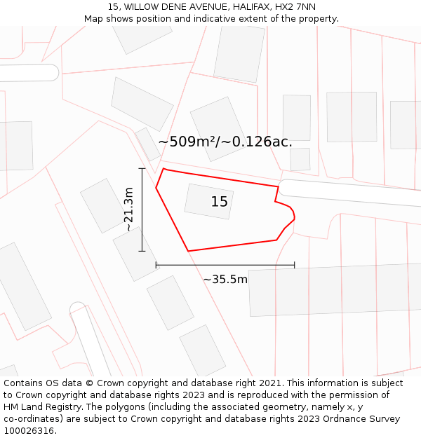 15, WILLOW DENE AVENUE, HALIFAX, HX2 7NN: Plot and title map