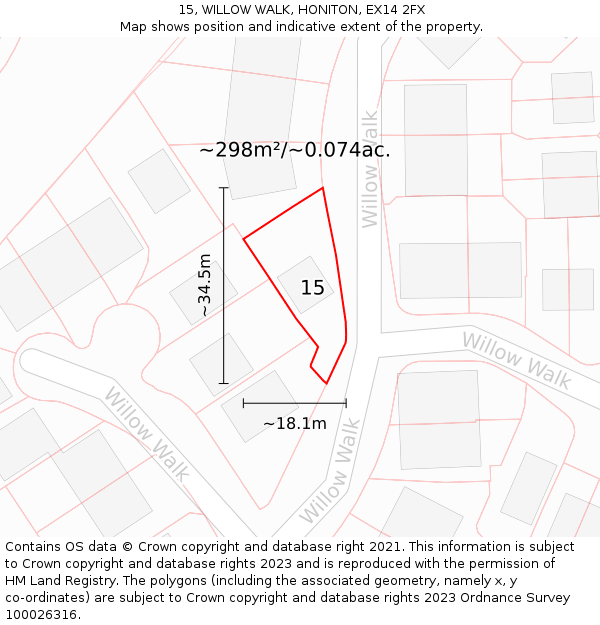 15, WILLOW WALK, HONITON, EX14 2FX: Plot and title map