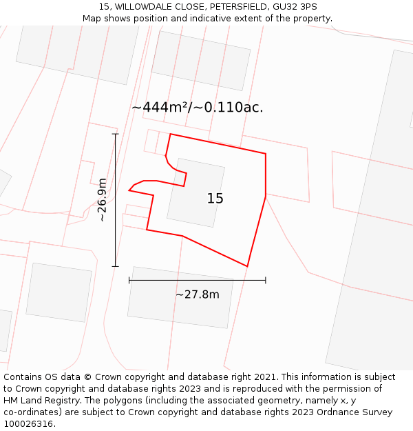 15, WILLOWDALE CLOSE, PETERSFIELD, GU32 3PS: Plot and title map