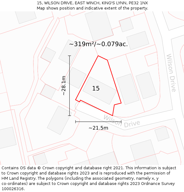 15, WILSON DRIVE, EAST WINCH, KING'S LYNN, PE32 1NX: Plot and title map