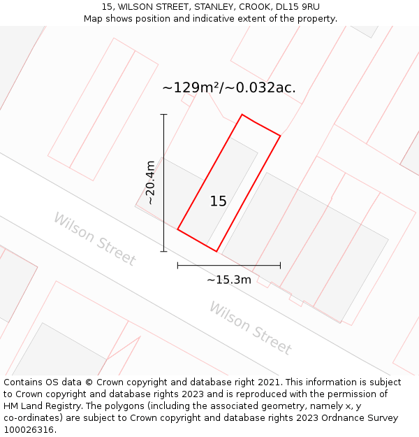 15, WILSON STREET, STANLEY, CROOK, DL15 9RU: Plot and title map