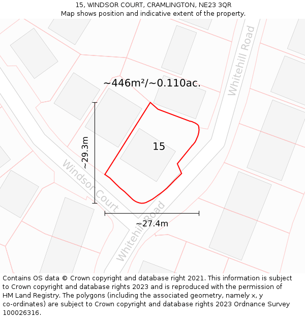 15, WINDSOR COURT, CRAMLINGTON, NE23 3QR: Plot and title map