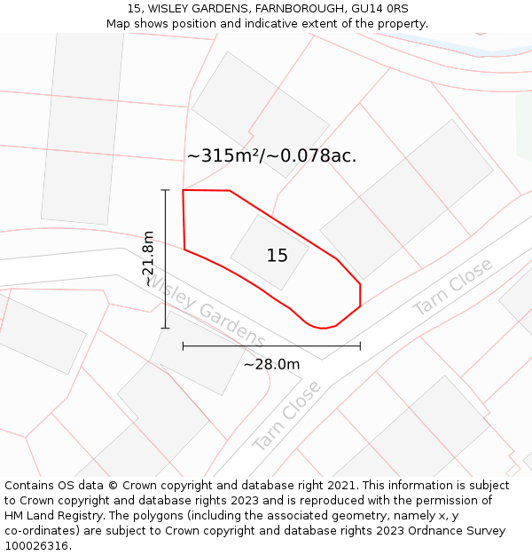 15, WISLEY GARDENS, FARNBOROUGH, GU14 0RS: Plot and title map