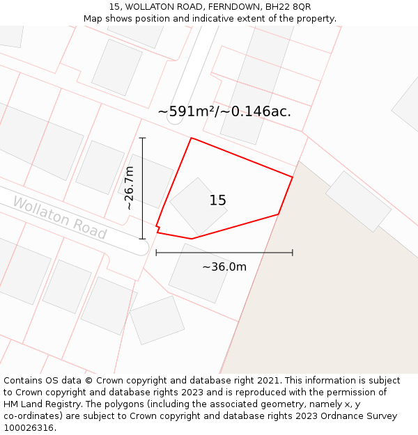 15, WOLLATON ROAD, FERNDOWN, BH22 8QR: Plot and title map