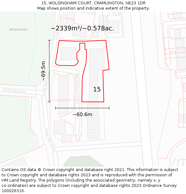 15, WOLSINGHAM COURT, CRAMLINGTON, NE23 1DR: Plot and title map