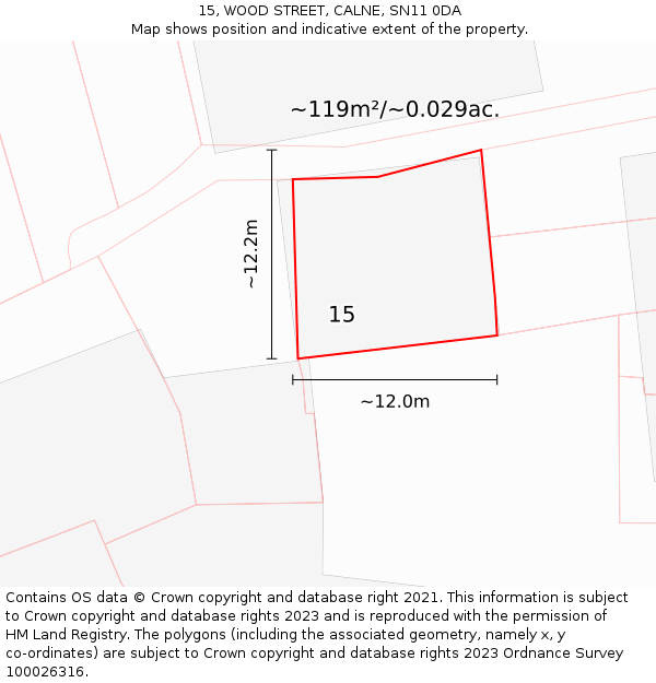15, WOOD STREET, CALNE, SN11 0DA: Plot and title map