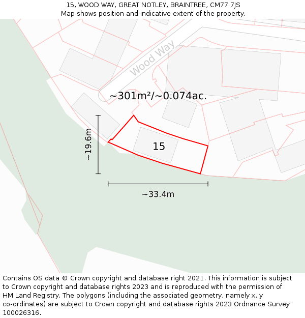 15, WOOD WAY, GREAT NOTLEY, BRAINTREE, CM77 7JS: Plot and title map