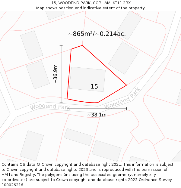 15, WOODEND PARK, COBHAM, KT11 3BX: Plot and title map