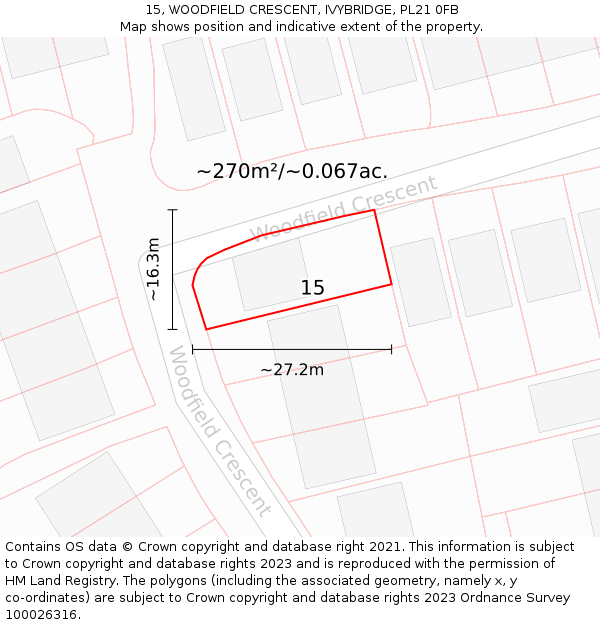 15, WOODFIELD CRESCENT, IVYBRIDGE, PL21 0FB: Plot and title map