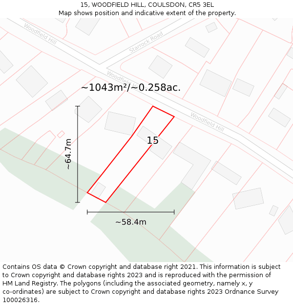 15, WOODFIELD HILL, COULSDON, CR5 3EL: Plot and title map