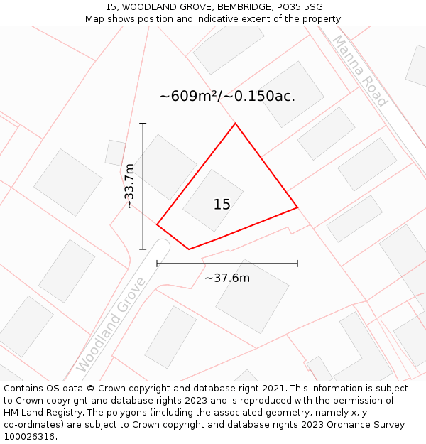 15, WOODLAND GROVE, BEMBRIDGE, PO35 5SG: Plot and title map