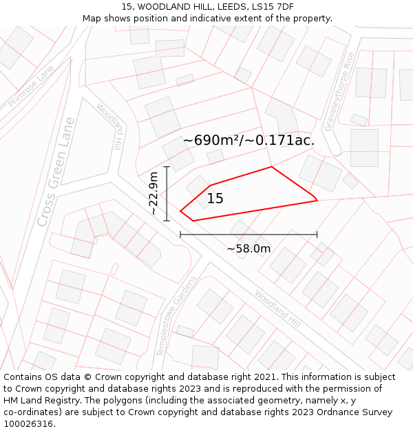 15, WOODLAND HILL, LEEDS, LS15 7DF: Plot and title map