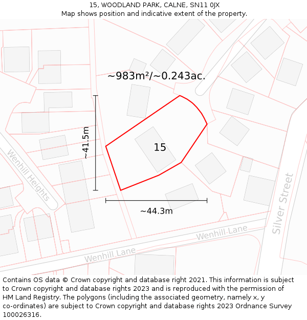 15, WOODLAND PARK, CALNE, SN11 0JX: Plot and title map