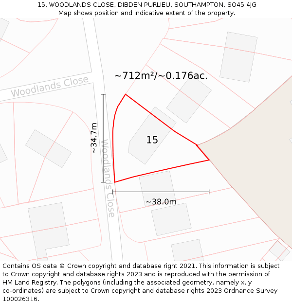 15, WOODLANDS CLOSE, DIBDEN PURLIEU, SOUTHAMPTON, SO45 4JG: Plot and title map