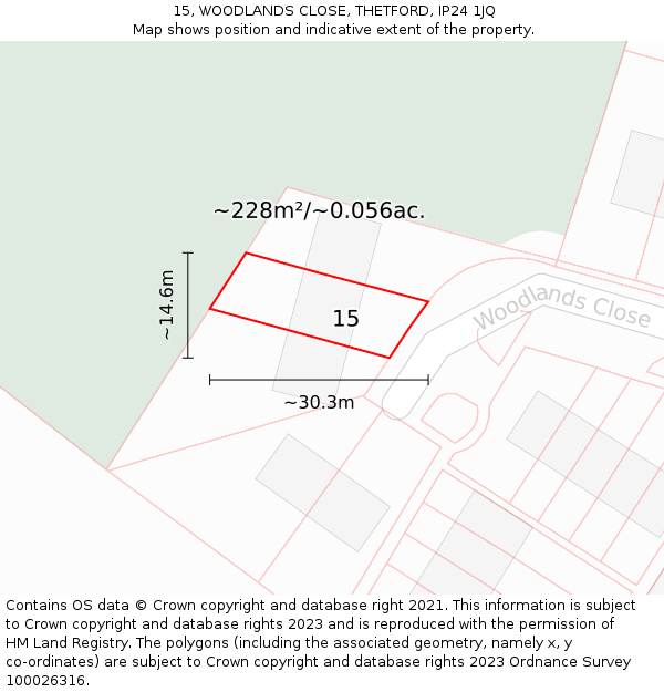 15, WOODLANDS CLOSE, THETFORD, IP24 1JQ: Plot and title map