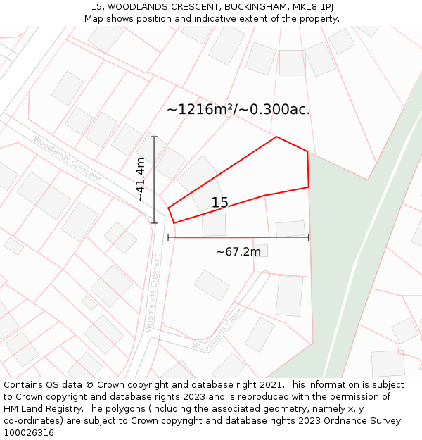 15, WOODLANDS CRESCENT, BUCKINGHAM, MK18 1PJ: Plot and title map