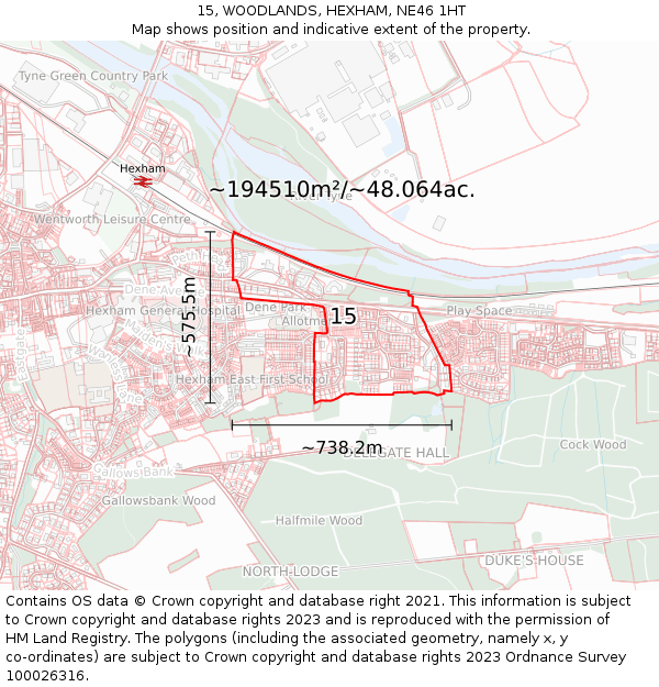 15, WOODLANDS, HEXHAM, NE46 1HT: Plot and title map