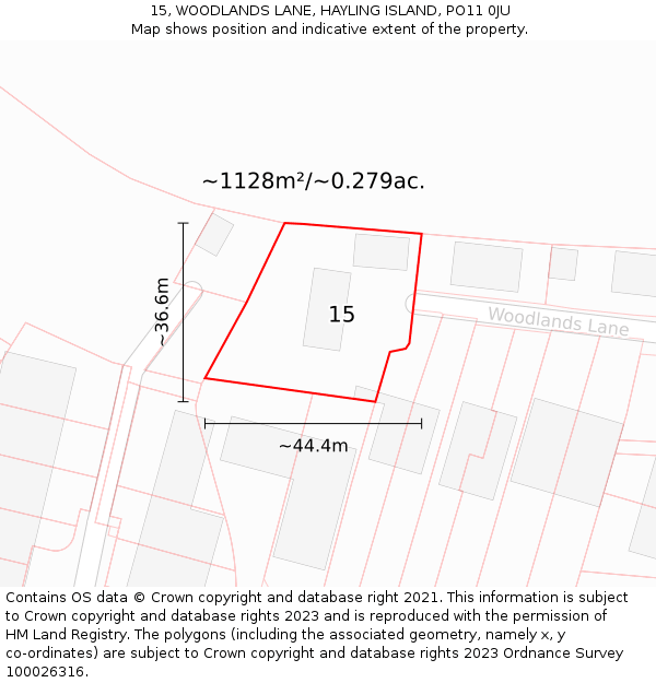 15, WOODLANDS LANE, HAYLING ISLAND, PO11 0JU: Plot and title map