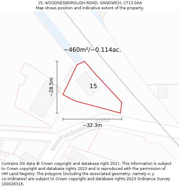 15, WOODNESBOROUGH ROAD, SANDWICH, CT13 0AA: Plot and title map