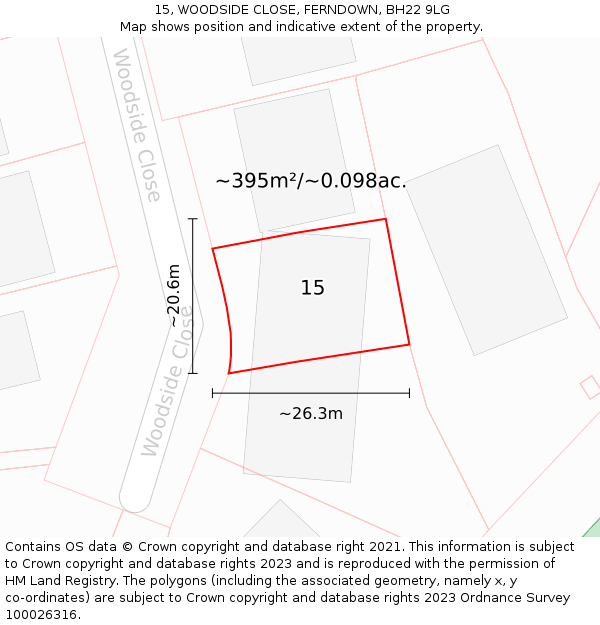 15, WOODSIDE CLOSE, FERNDOWN, BH22 9LG: Plot and title map