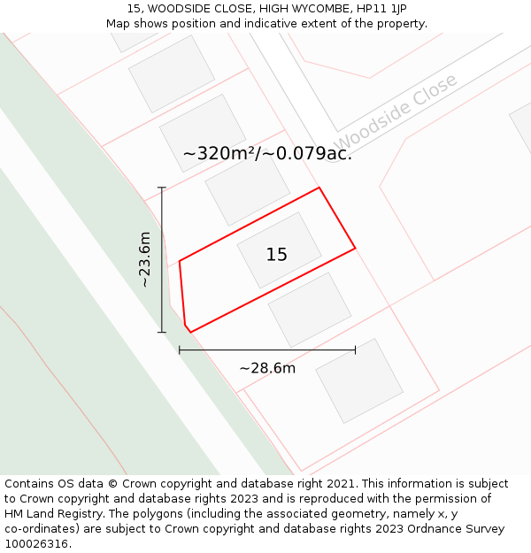 15, WOODSIDE CLOSE, HIGH WYCOMBE, HP11 1JP: Plot and title map