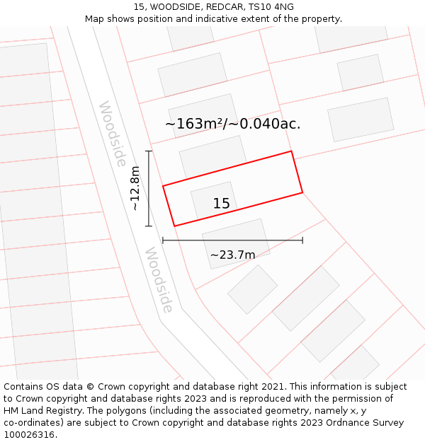 15, WOODSIDE, REDCAR, TS10 4NG: Plot and title map