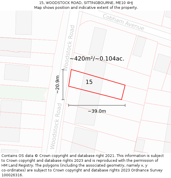 15, WOODSTOCK ROAD, SITTINGBOURNE, ME10 4HJ: Plot and title map