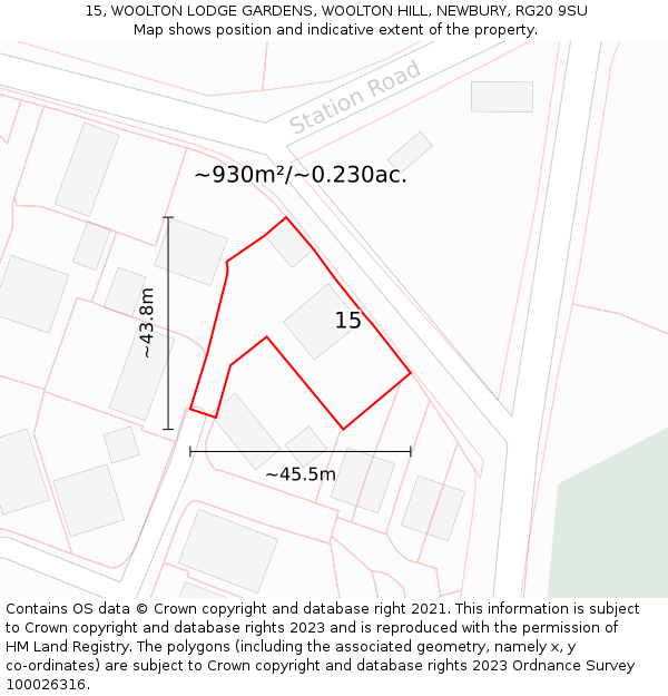 15, WOOLTON LODGE GARDENS, WOOLTON HILL, NEWBURY, RG20 9SU: Plot and title map