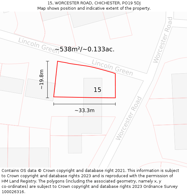 15, WORCESTER ROAD, CHICHESTER, PO19 5DJ: Plot and title map