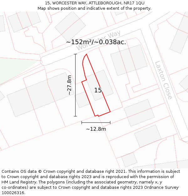 15, WORCESTER WAY, ATTLEBOROUGH, NR17 1QU: Plot and title map