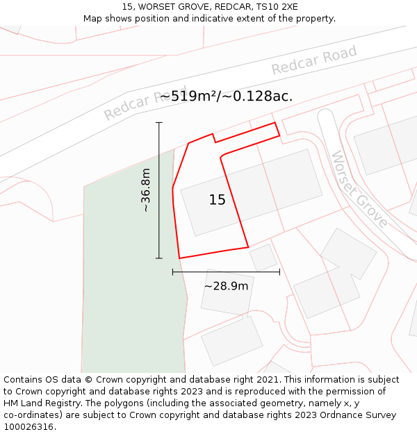 15, WORSET GROVE, REDCAR, TS10 2XE: Plot and title map