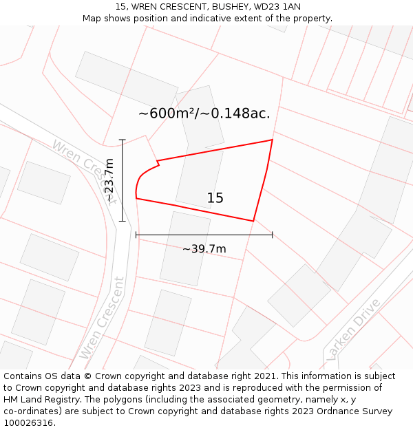 15, WREN CRESCENT, BUSHEY, WD23 1AN: Plot and title map