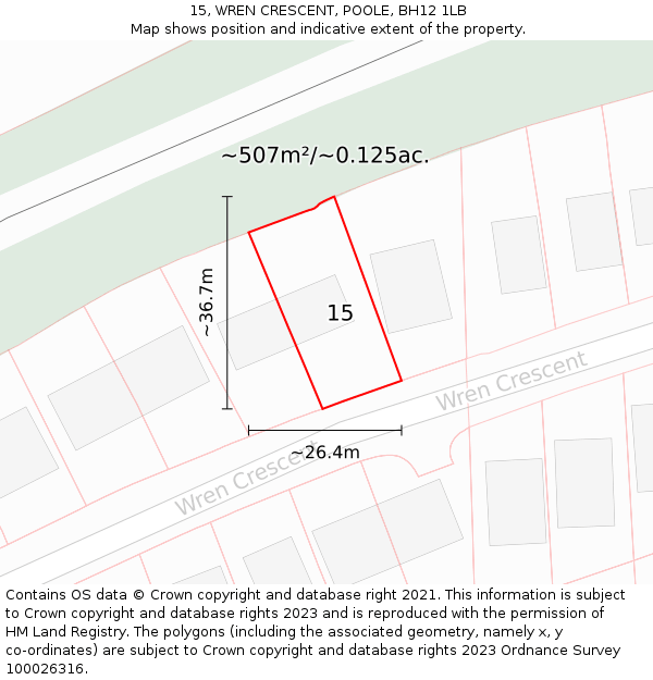 15, WREN CRESCENT, POOLE, BH12 1LB: Plot and title map