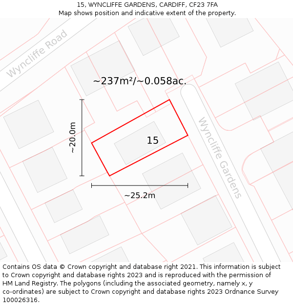 15, WYNCLIFFE GARDENS, CARDIFF, CF23 7FA: Plot and title map