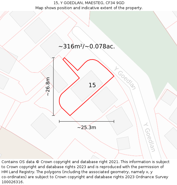 15, Y GOEDLAN, MAESTEG, CF34 9GD: Plot and title map