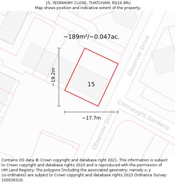 15, YEOMANRY CLOSE, THATCHAM, RG19 4RU: Plot and title map