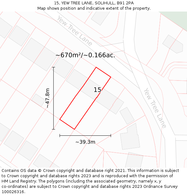 15, YEW TREE LANE, SOLIHULL, B91 2PA: Plot and title map
