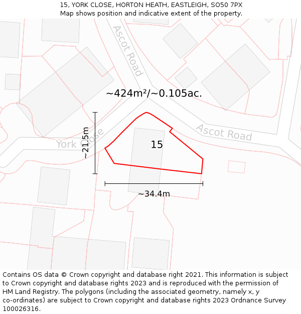 15, YORK CLOSE, HORTON HEATH, EASTLEIGH, SO50 7PX: Plot and title map