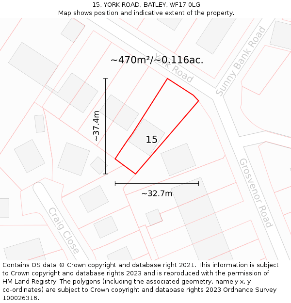 15, YORK ROAD, BATLEY, WF17 0LG: Plot and title map