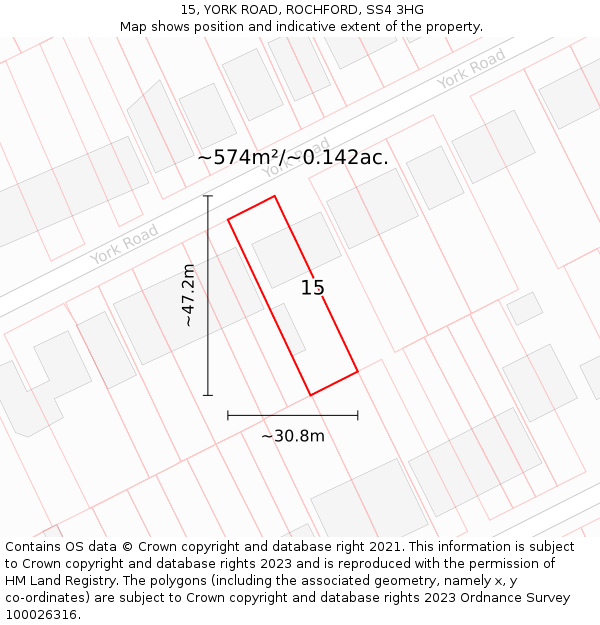 15, YORK ROAD, ROCHFORD, SS4 3HG: Plot and title map